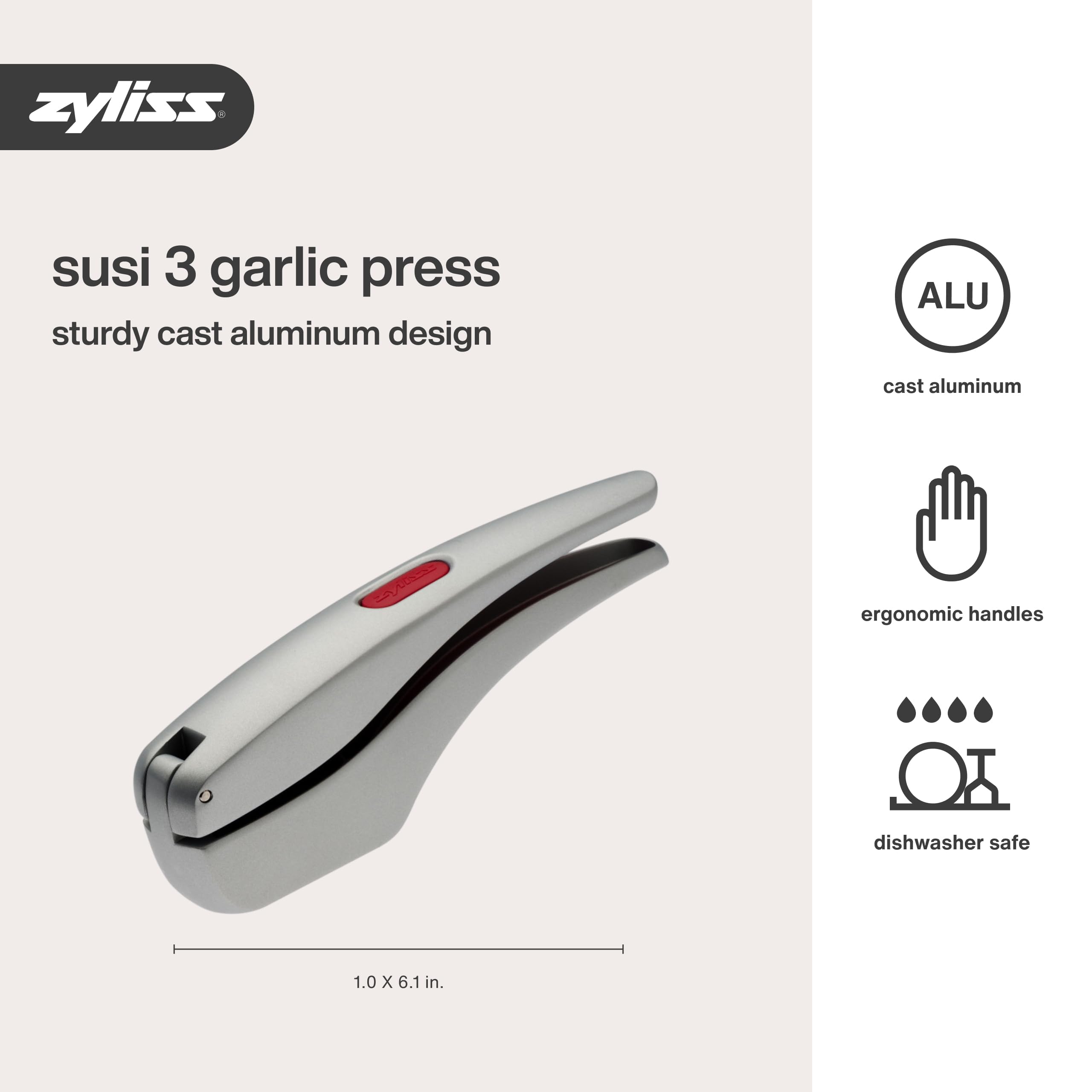 Zyliss Susi 3 Garlic Press - Garlic and Ginger Mincer - Built-In Cleaner - Garlic Crusher, Mincer and Peeler - Dishwasher Safe - Cast Aluminum