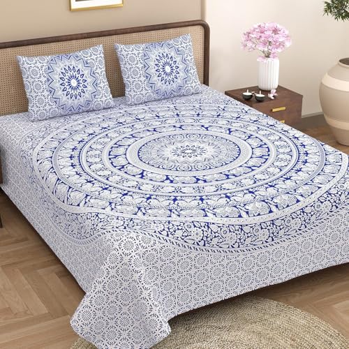 Image of Opulent Collection Double Bedsheet with 2 Pillow Cover | 100% Cotton Bedsheets for Double Bed | Handloom Bedsheet | Size 86x90 inches | King Size (90X102 Inches) (Blueberry, King)