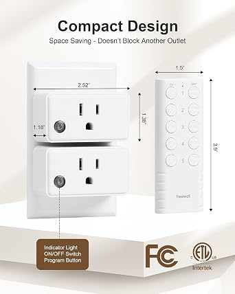 Remote Control Outlet, 200FT Long Range Wireless Light Switch, Mini Remote Outlet Plug, 15A/1875W High-Power for Lamps, Lights, Household Appliances, FCC & ETL Listed (5 Outlets + 2 Remotes)