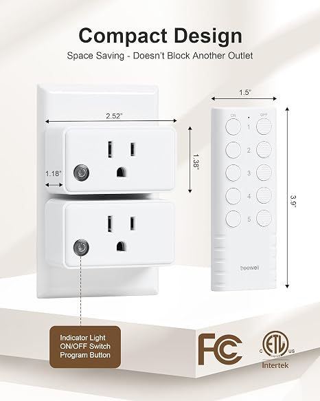Remote Control Outlet, 200FT Long Range Wireless Light Switch, Mini Remote Outlet Plug, 15A/1875W High-Power for Lamps, Lights, Household Appliances, FCC & ETL Listed (5 Outlets + 2 Remotes)