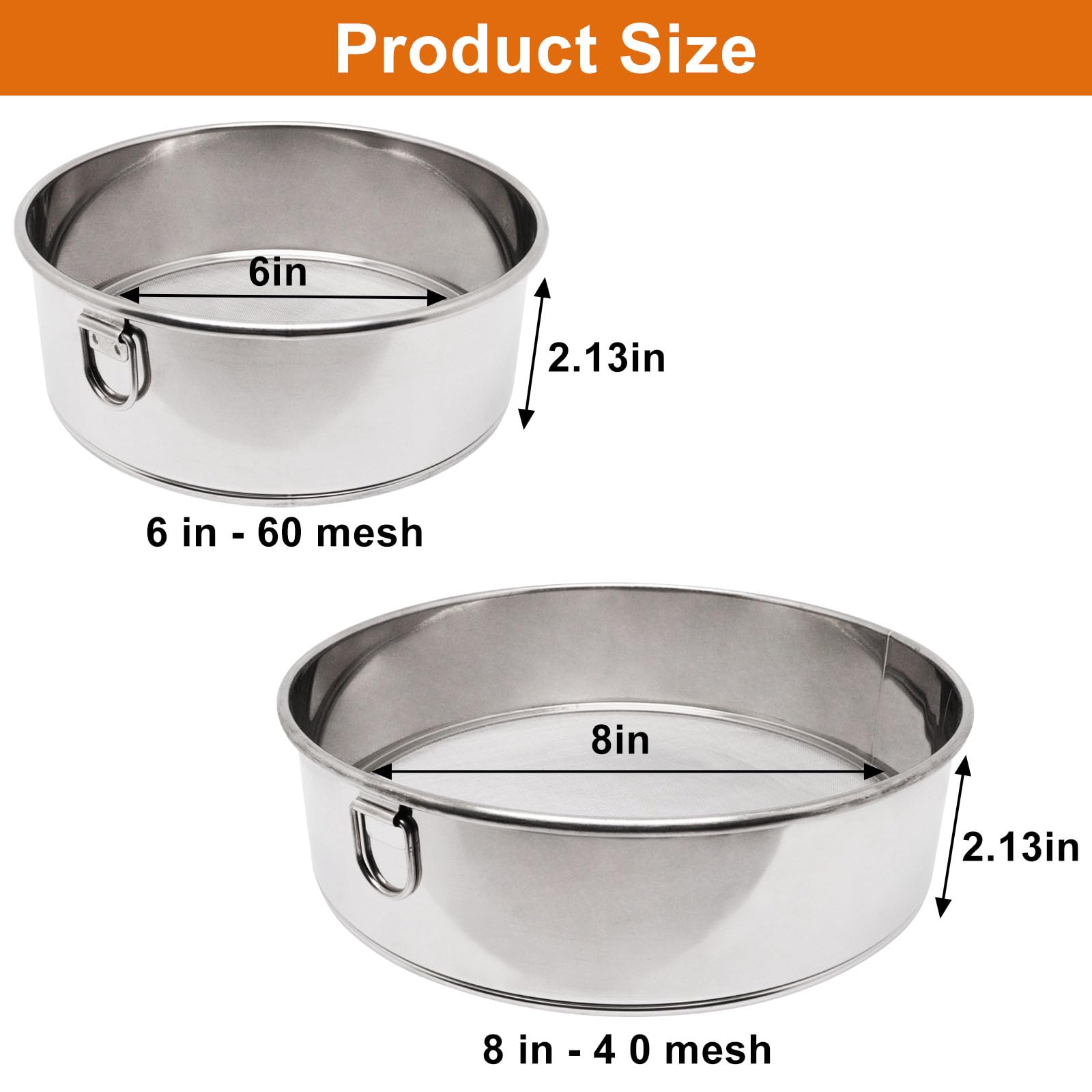 SWZHAI Flour Sifter for Baking 2 Pack, Round Flour Sifter Stainless Steel 6 Inch 60 Mesh and 8 Inch 40 Mesh Sieve Fine Meshs Flours Sieve Set for Baking Cake Bread Pastries