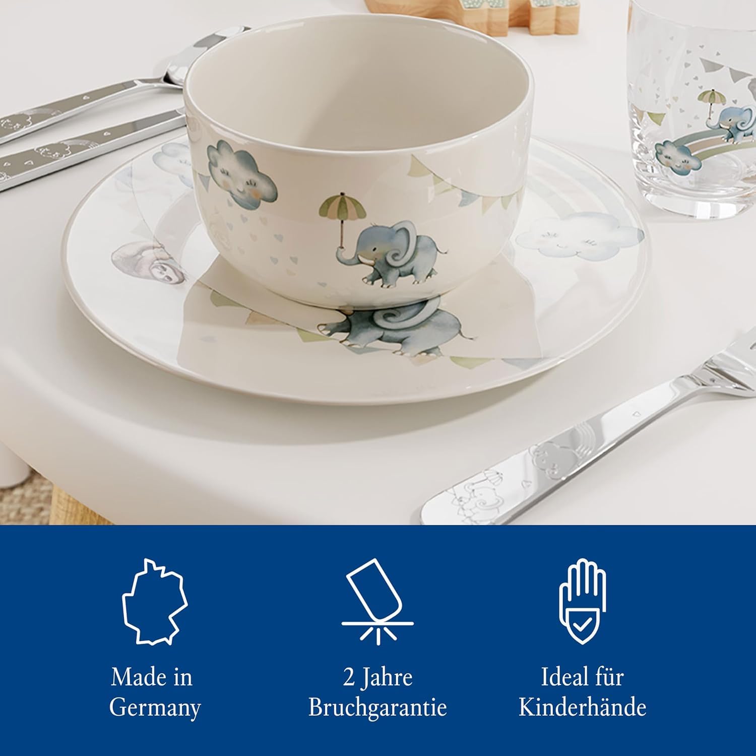 Villeroy & Boch – Boho Kids "Walk like an elephant" Kindergeschirr-Set 7 teilig, Spülmaschinenfest, Mikrowellensicher, Geschirr Besteck Set Kinder, Tiermotiv Elefant und Faultier, Premium Porzellan