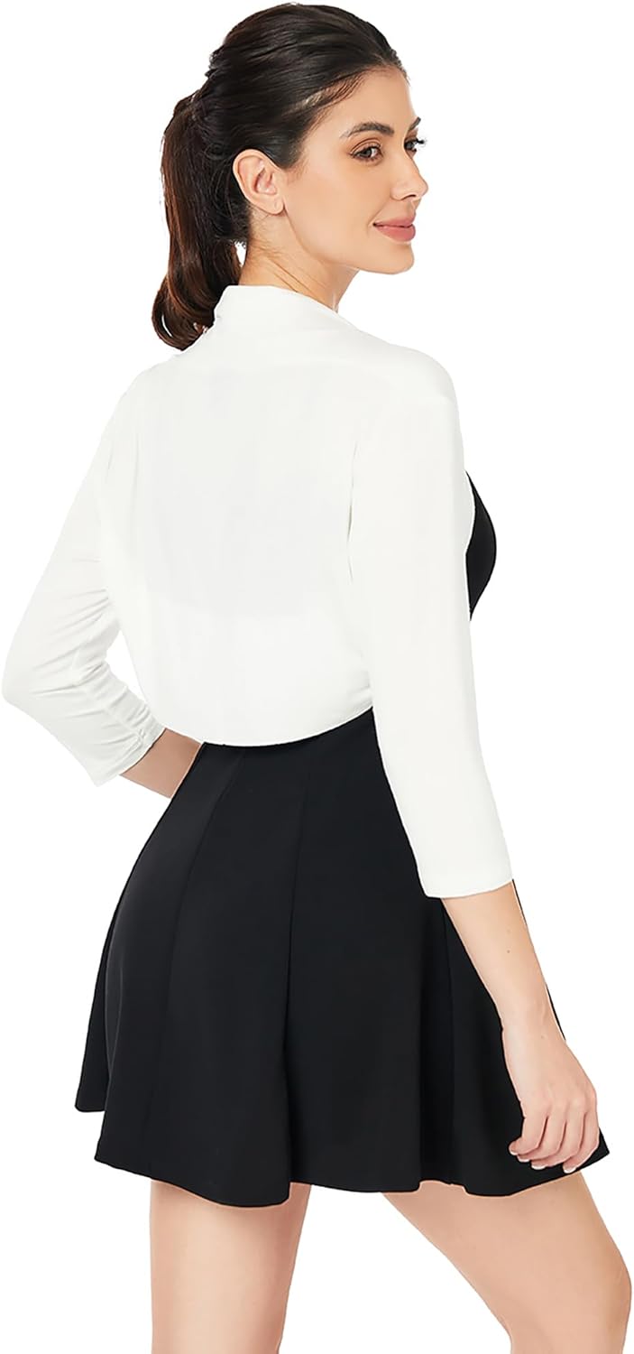 AmélieBoutik Women Ruched Casual 3/4 Sleeve Bolero Cropped Shrug Open Front Cardigan Jacket - Image 4