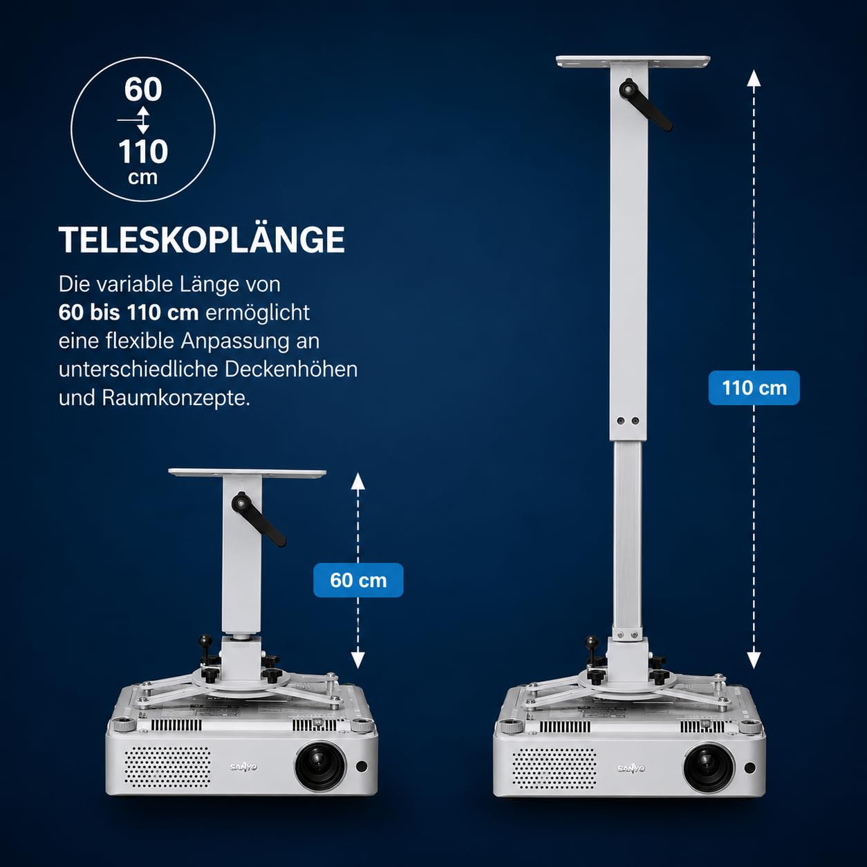 Alphavision Professional Universal Beamer Deckenhalterung Standard | Höhenverstellbar 60-110 cm | Tragkraft 25kg | 360° Drehbar | Neigbar | Projektor Halterung | Lichtgrau