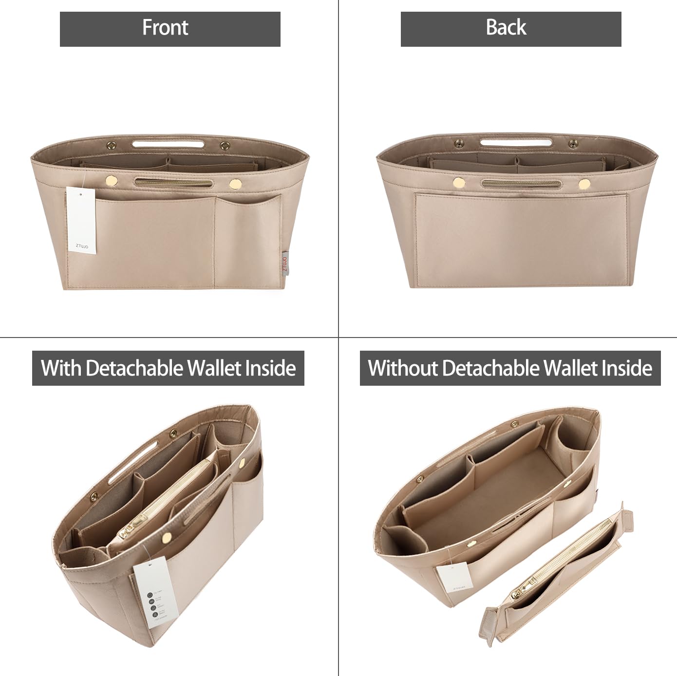 ZTUJO Organizador de monedero para bolsos, organizador de bolsas sedosas con 2 cremalleras para Speedy Neverful Tote y más (beige, grande)