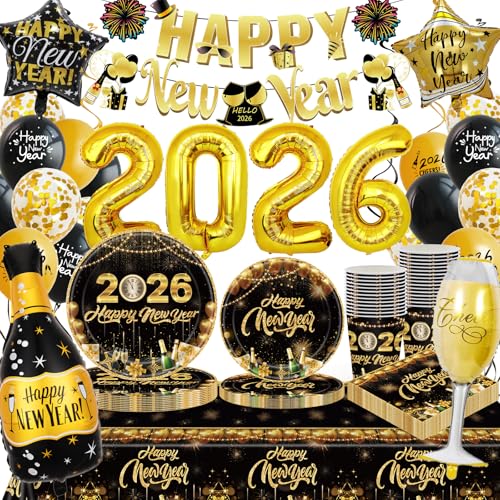 Decoração de ano novo 2026 XXL Set, conjunto de louça de feliz ano novo, decorações de feliz ano novo 2026, festa de fim de ano 2026, kit de balões, banner, pratos e guardanapos,