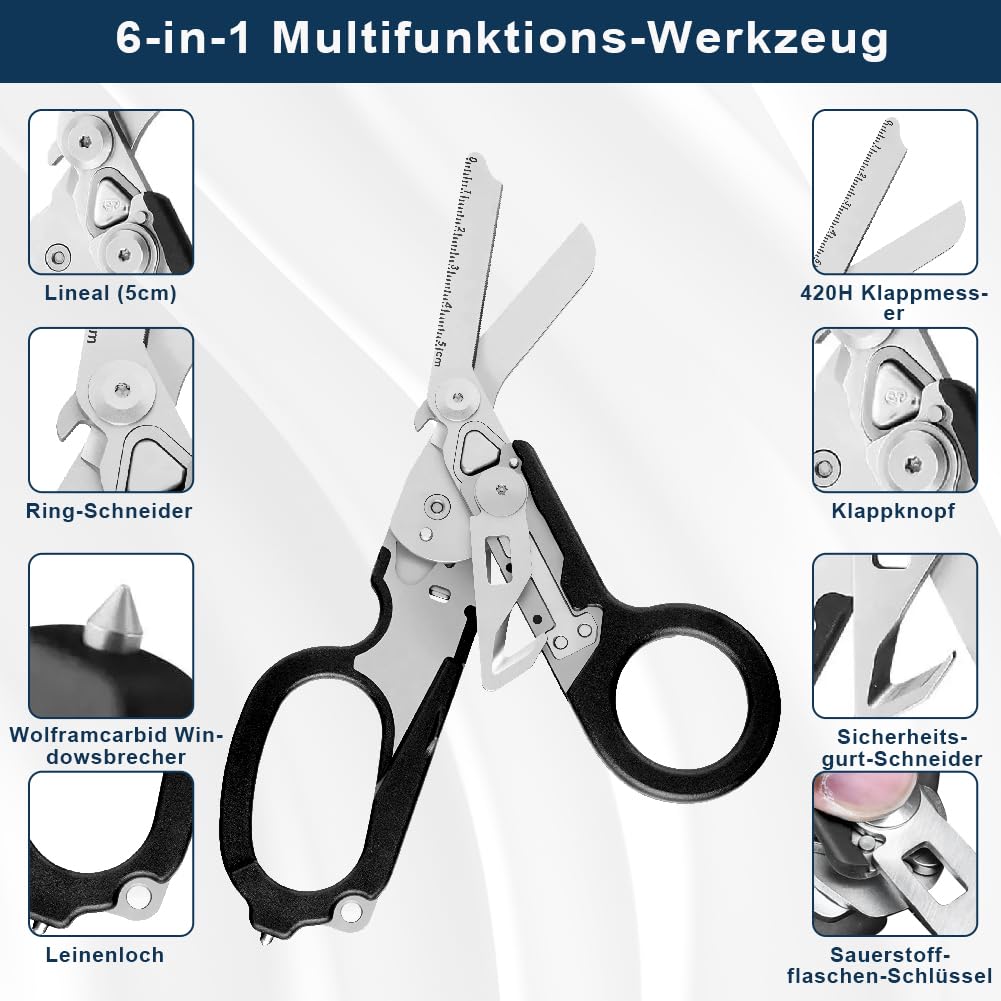 Trauma Schere Multitool, Rettungsschere mit 6 Praktischen Funktionen, Faltbare Schere aus Edelstahl, Gurtschneider, Glasbrecher, Raptor Response Notfallschere
