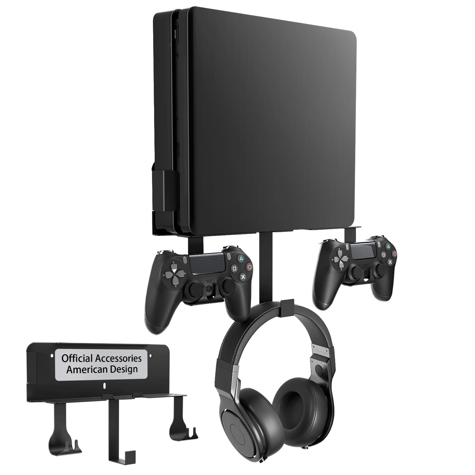 Wall Mount for PS4 Slim with Detachable 2 Controller Holder & Headphone Hanger, Metal Stealth Wall Mount Stand for Playstation 4 Slim