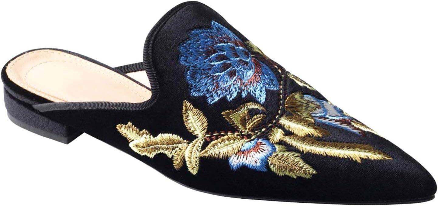 Women's Velvet Backless Pointed Toe Loafers - Embroidered Slip On Mule Slippers Flats, Comfortable Embellished Flat Shoes for Daily & Casual Wear - Image 5