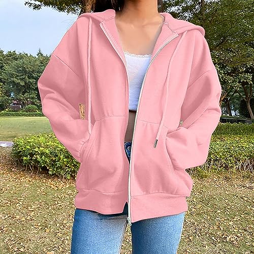Hoodies for Women Long Sleeve Loose Fit Zip Up Fashion Sweatshirts Casual Solid Lightweight Hooded Jackets2