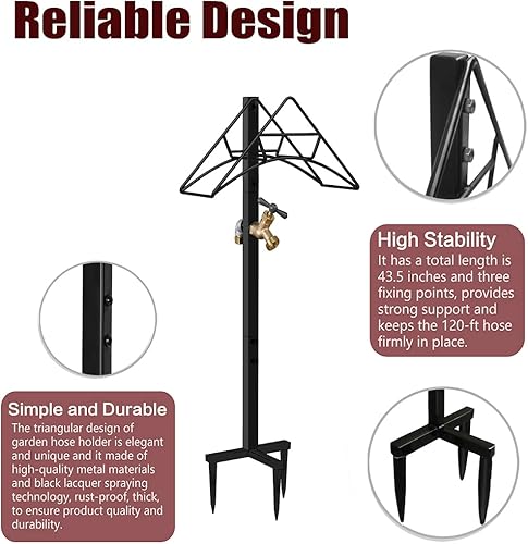Miniatura 8 de Soporte para manguera de jardín, soporte de manguera de agua de metal de pie, resistente, flexible, organizador de almacenamiento para césped y patio