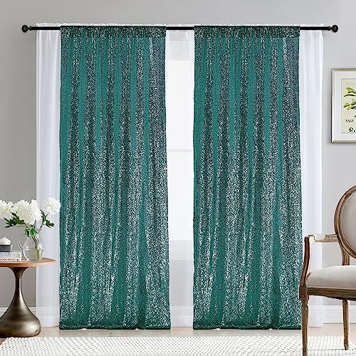 2×8FT-2PCS Hunter Green Sequin Backdrop Curtains Panels, Christmas Green Photography Backdrop Glitter Curtains Fabric Background for Christmas Wedding Party Decor