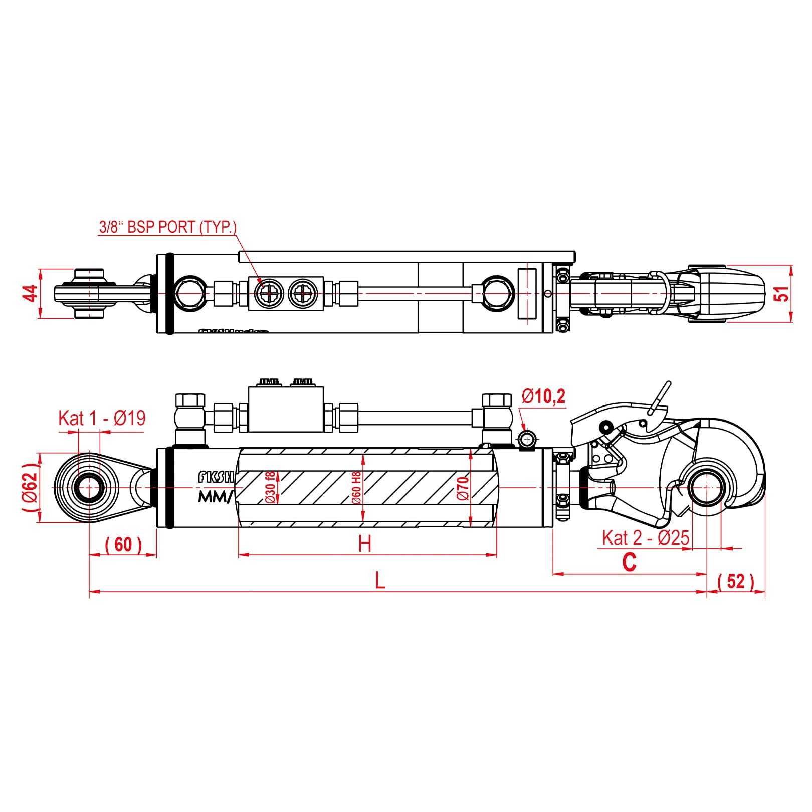 Hydraulischer Oberlenker Kat 1/2 mit Fanghaken/Anschweißende Einbaulänge 470mm 145mm Hub