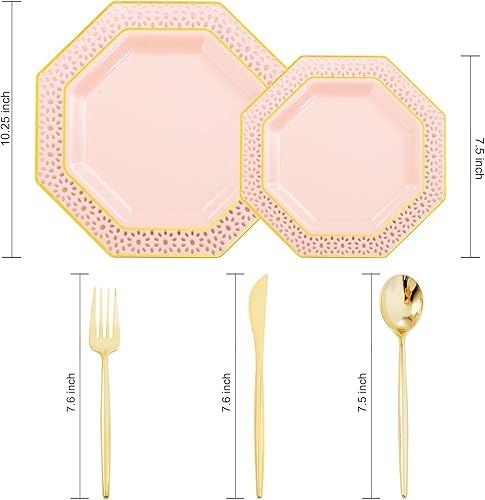 Miniatura 2 de Rubtlamp 125 platos de plástico rosa, cubiertos de plástico dorado resistente, platos rosa y dorado, juego de vajilla desechable de oro rosa incluye