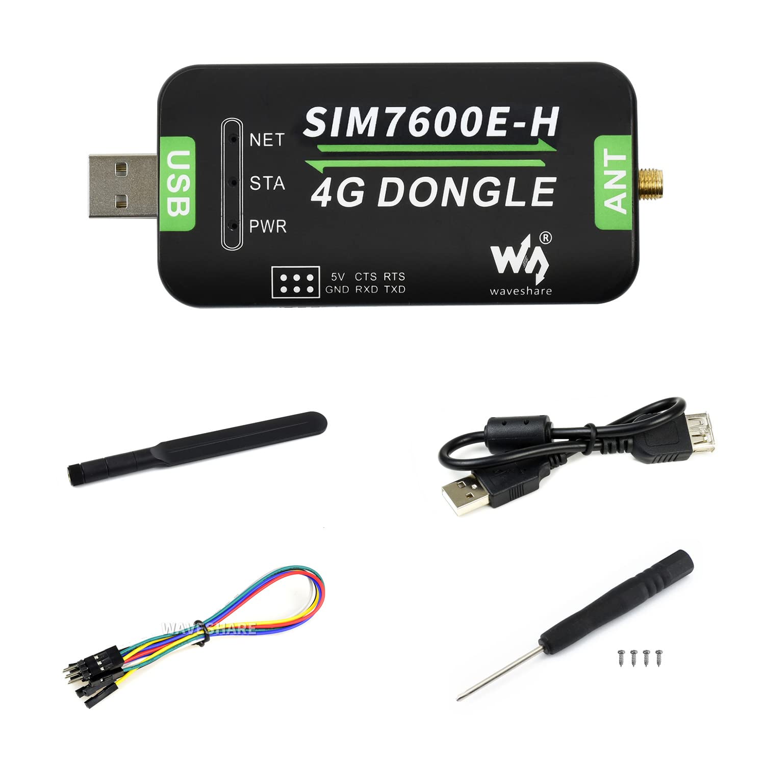 Waveshare SIM7600E-H 4G DONGLE with Antenna for Industrial Grade 4G Communication and GNSS Positioning Peripheral