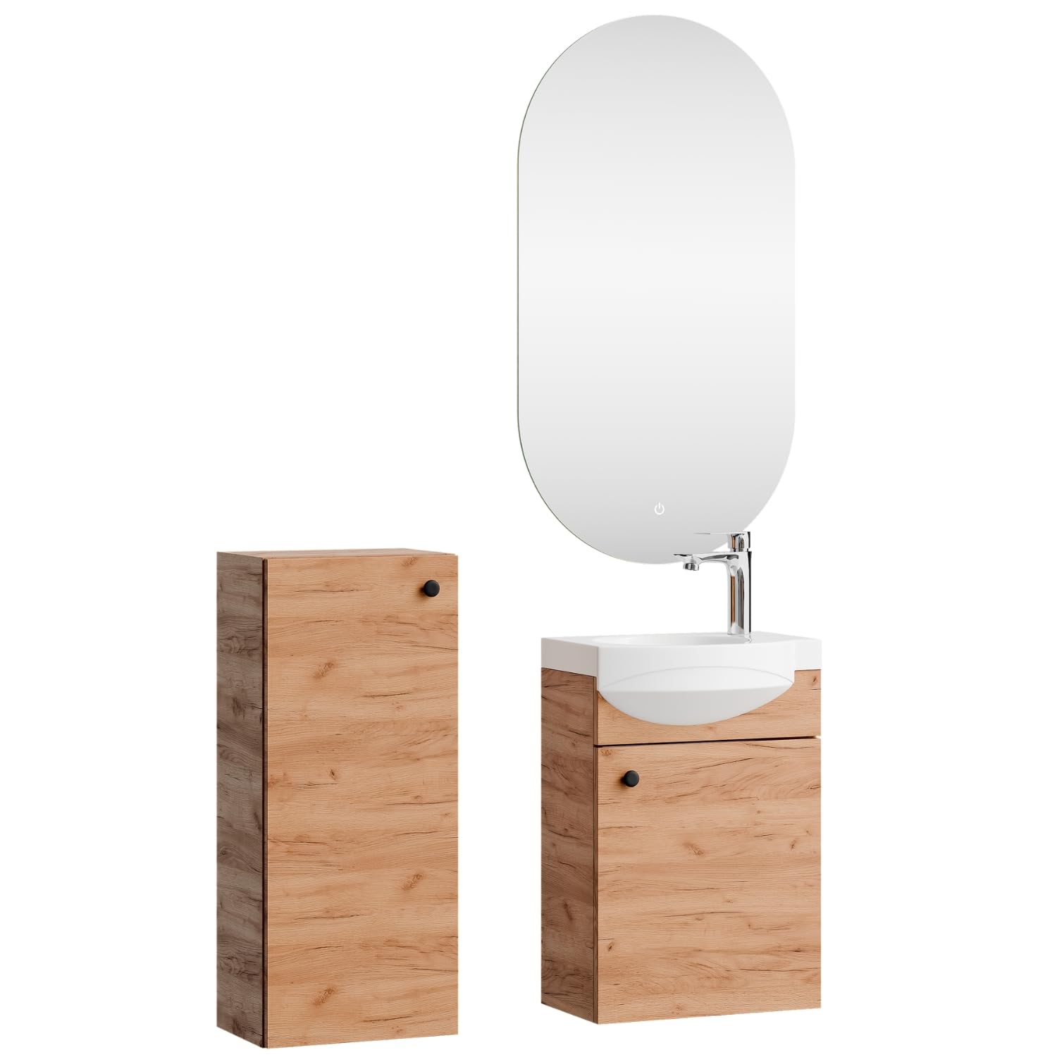 Planetmöbel Ensemble de Meubles de Salle de Bains Lavabo avec Meuble Bas 40 x 60 x 29 cm, Miroir avec éclairage 50 x 90 cm & Armoire Centrale pour Salle de Bains & WC invités, chêne doré