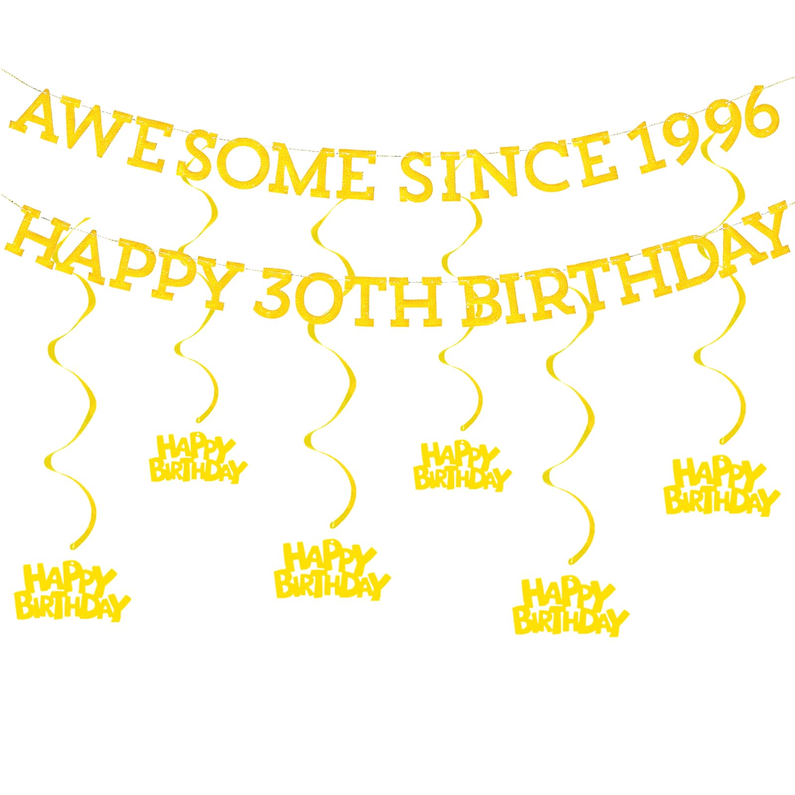 30th Happy Birthday Banner, Awesome Since 1996 Banner Gold, 30th Anniversary Banners Decoration with Spiral decoration for Men Women 30 Years Old Happy 1996 Birthday Party Anniversary Supplies