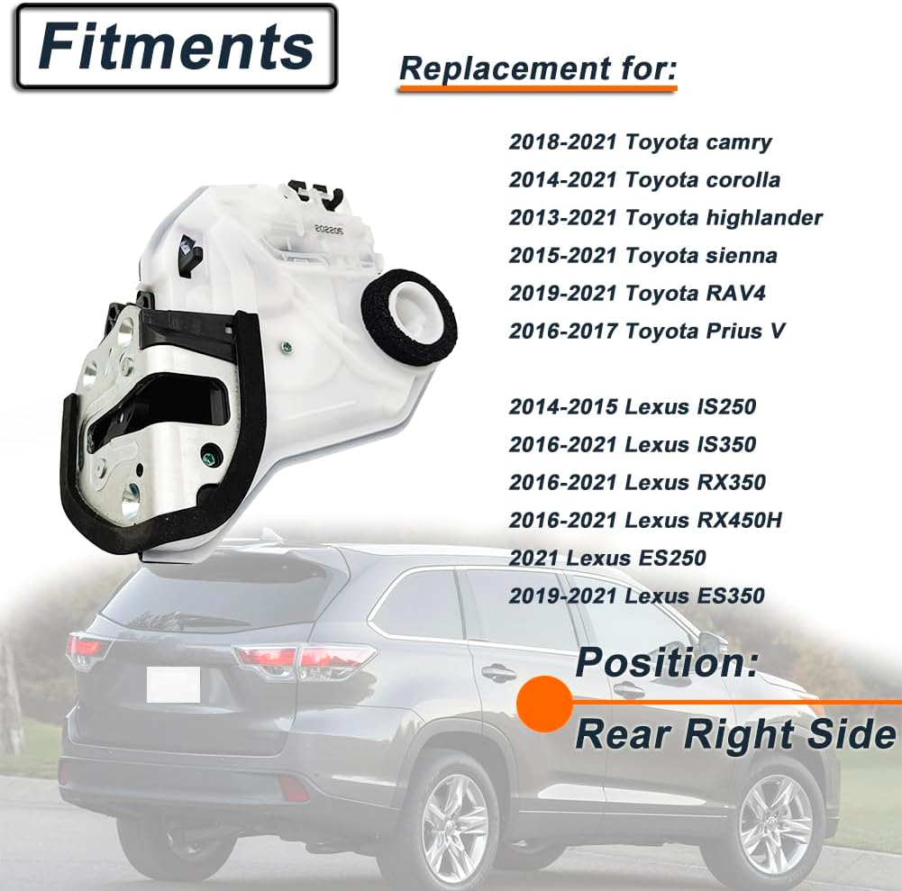 Door Lock Actuator Compatible with Camry Corolla Highlander Sienna Select Models Rear Right Passenger Side