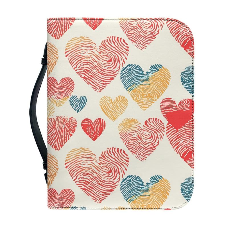Kuiaobaty Heart Print Bible Cover for Women with Handle, Fingerprint Hearts Bible Case Book Bag 9"x6" for Bible Book, PU Leather,L