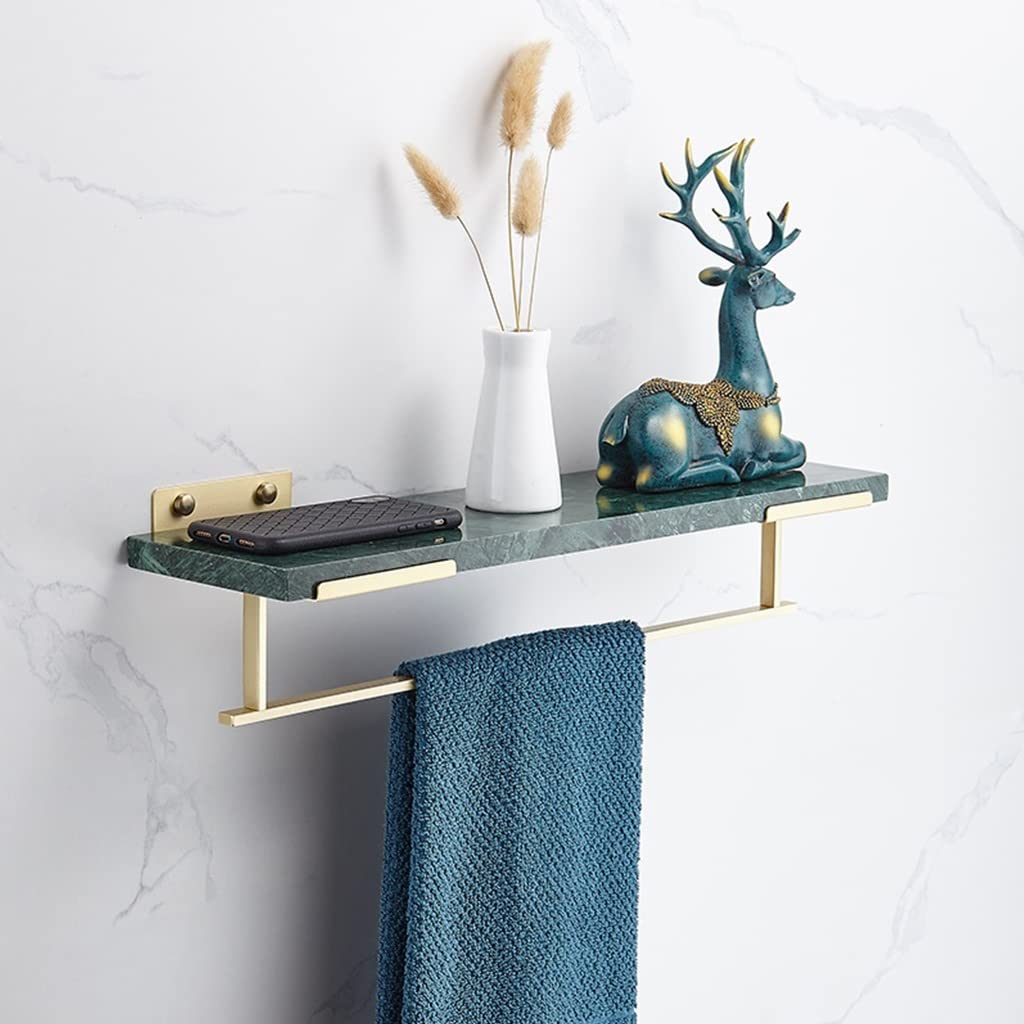 CWCQGH Bathroom Shower Caddy Floating Shelves Organizer with Towel Shelf Nordic Light Brass Brushed Wall Mounted Marble Shelves for Shampoo and Cosmetics Storage,Green Marble 40cm With Rod
