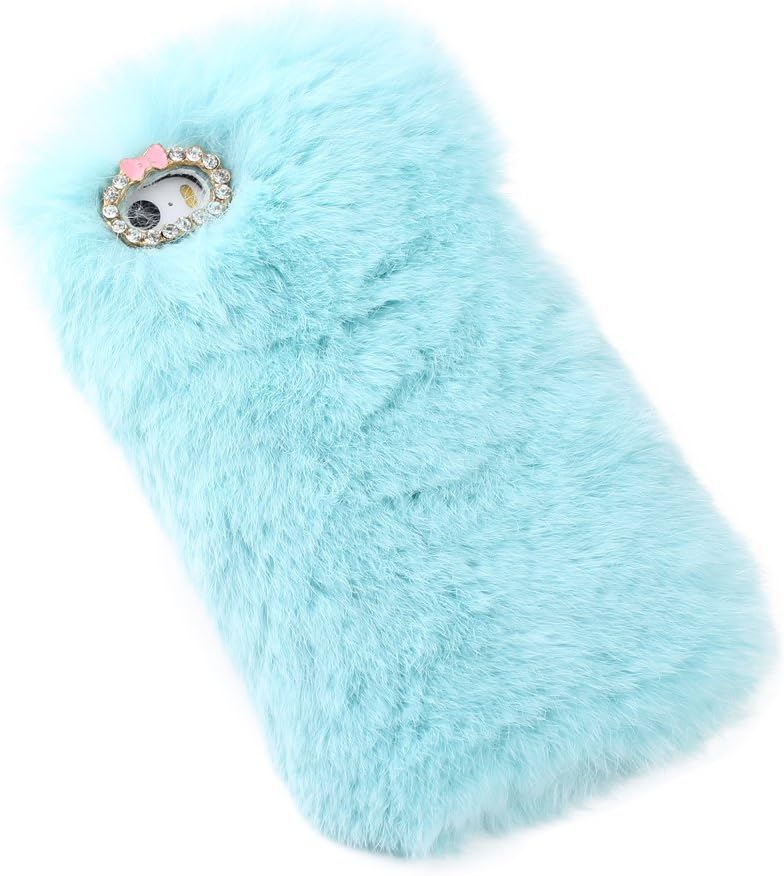 iPhone 5C Case, Bling Diamond Fluffy Cover [Genuine Rex Rabbit Fur Case] Winter Wammer Handmade Soft Crystal Case Caselo 3 Pieces Accessories For iPhone 5C (ONLY FIT for iPhone 5C), Extremely Luxury Bling Cover + Free Stylus Pen + Free Screen Protector Film + Free Unique Caselo Butterfly Earphone Jack Plug - Blue