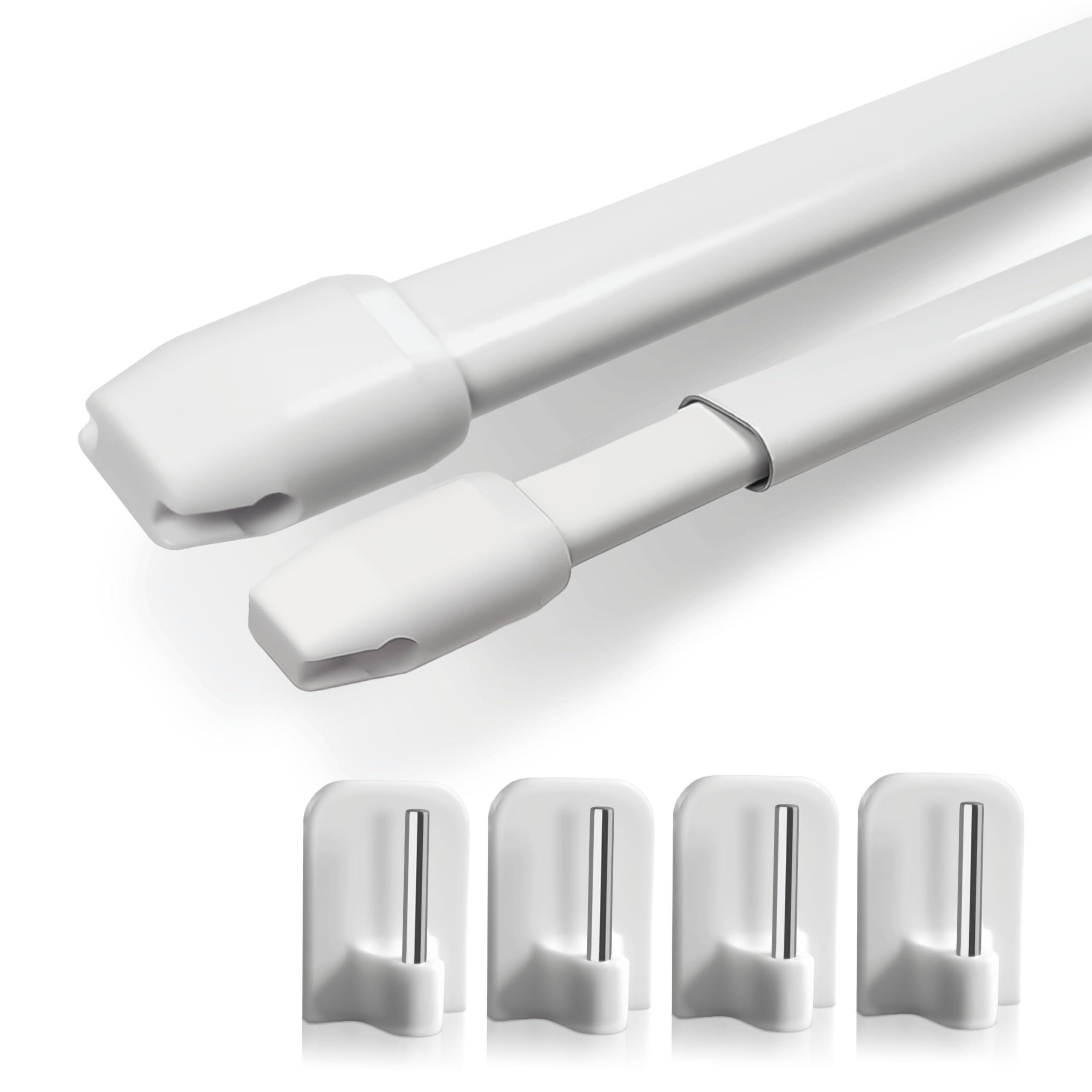 Rollina Gardinenstange ohne Bohren | 2x Vitragestange ausziehbar 60-80cm mit 4 Klebehaken für glatte Oberflächen | Scheibengardinenstange Küche Bad Fenster zum Kleben | Made in Germany