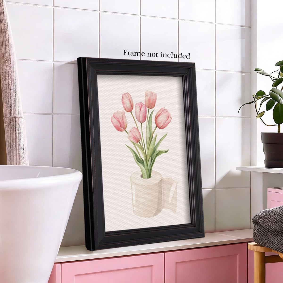 Pink Bathroom Canvas Wall Art, Trendy Tulip Flowers Embellishing Toilet Paper Poster, Vintage Botanical Floral Picture for Restroom, Modern Minimal Washroom Powder Room Wall Decor 12x16in Unframed image 3