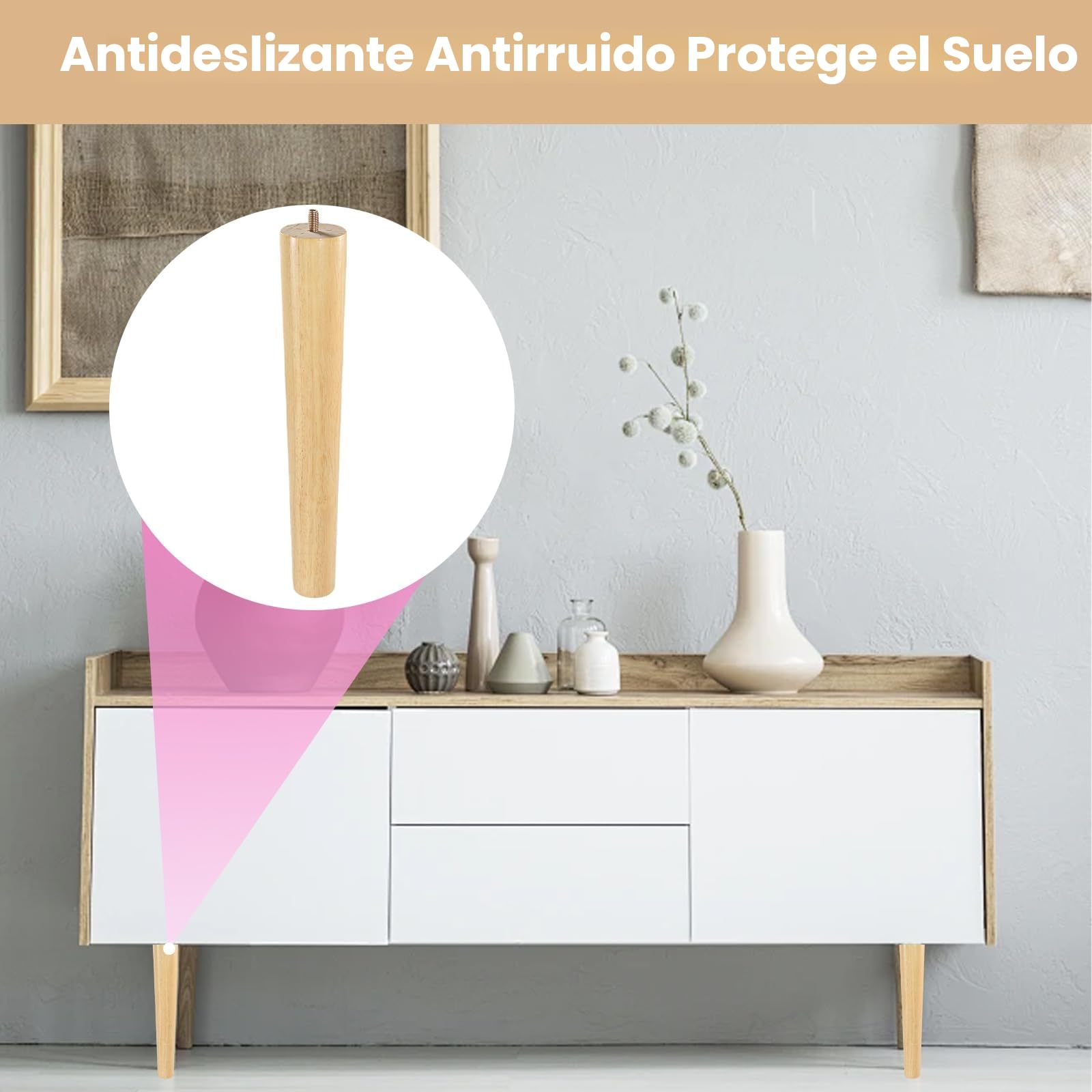 4 Patas para Madera 30cm con Placa – Soporte Firme para Muebles | Patas Madera con Placa y Goma Antideslizante,Fáciles de Montar,Perfectas para Sofá,Banco,Silla,Escritorio,Armario y Mesa