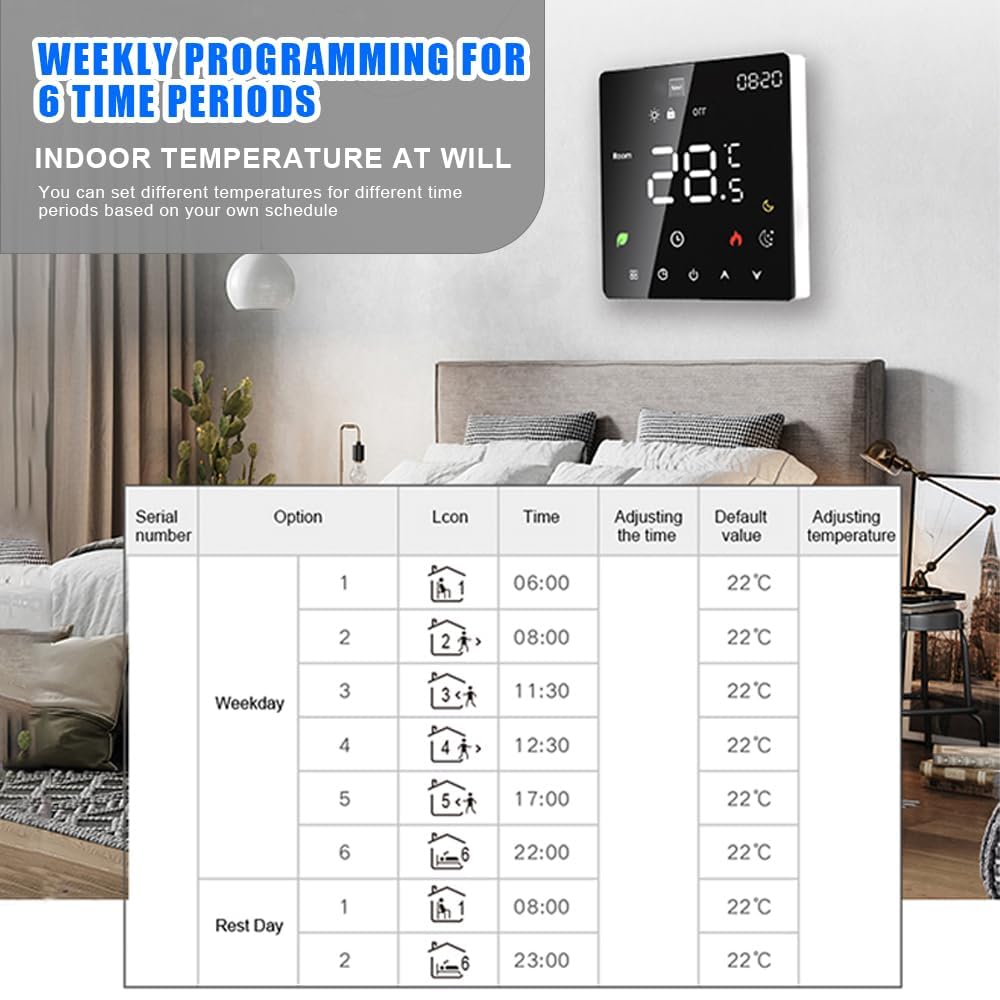 Termostato de Calefacción por Suelo Radiante, Termostato de Ambiente, Termostato de Calefacción, Eléctrico Inteligente, WiFi, Pantalla Táctil, Control por (Calefacción eléctrica