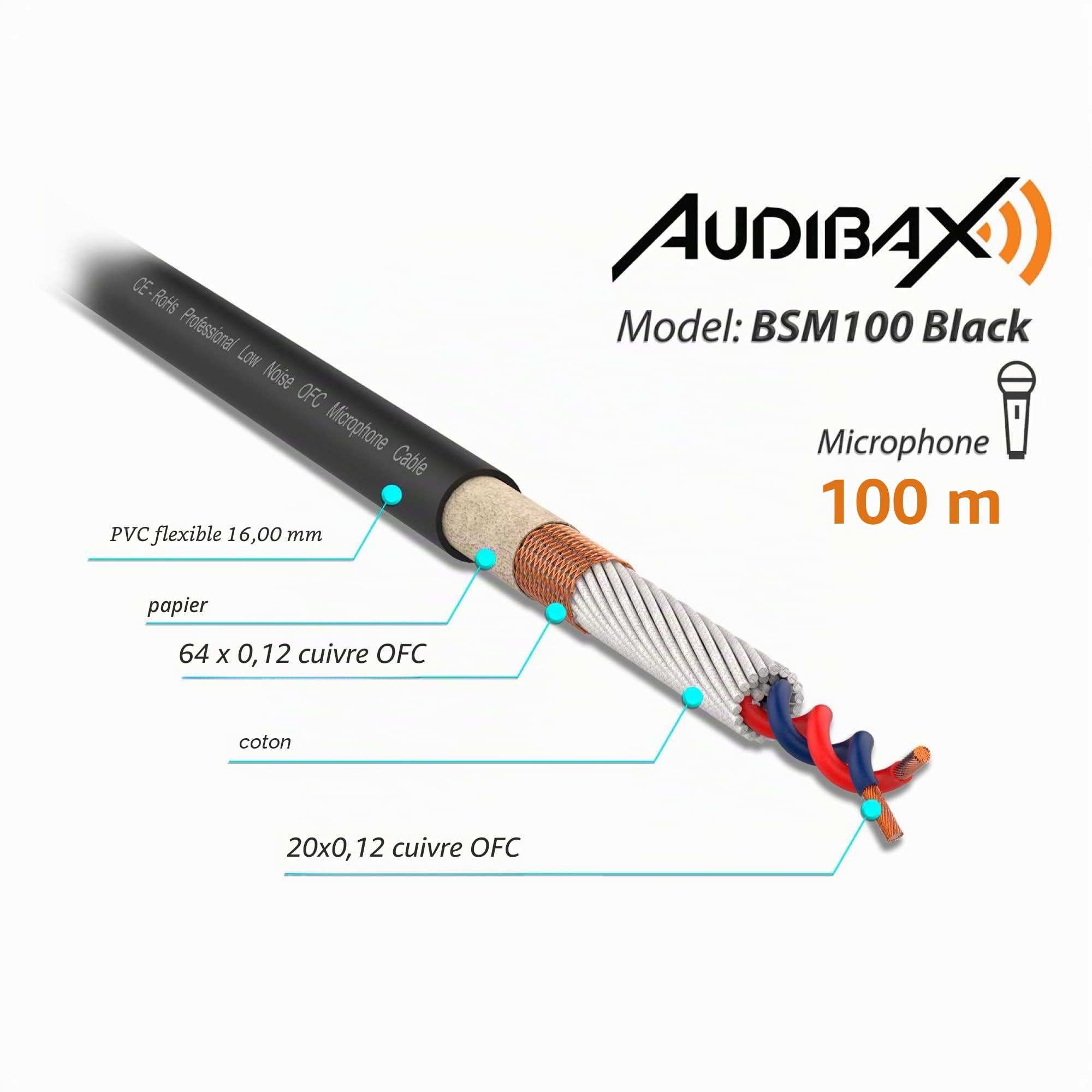 Audibax Silver BSM100 Black Bobina Cable Micrófono Balanceado 100 Metros