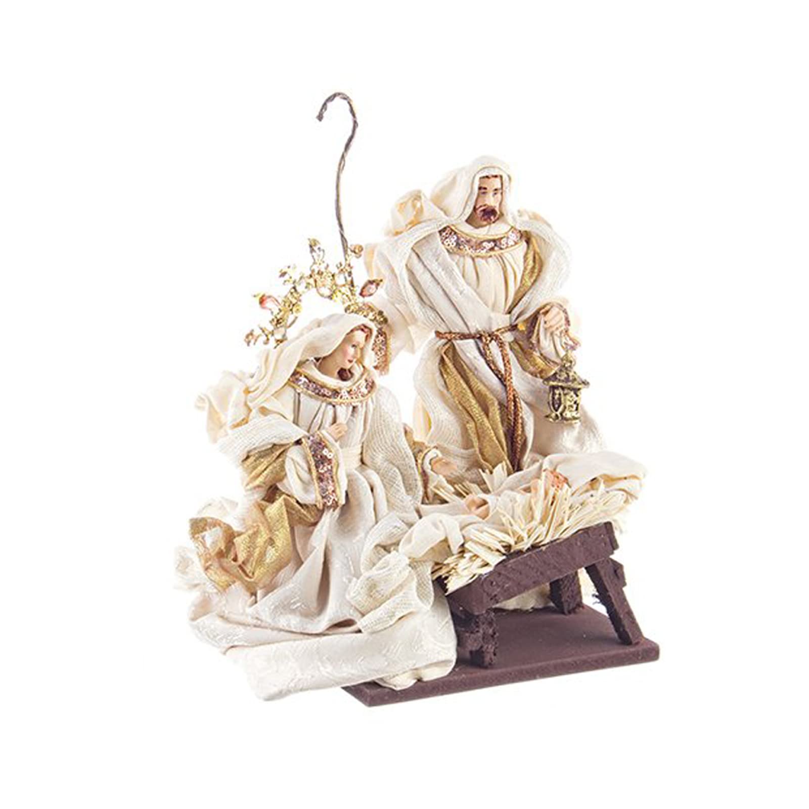 Magie di Natale Natività completa con 6 soggetti statue per presepe vestiti in tessuto Panna e Oro h 28 cm