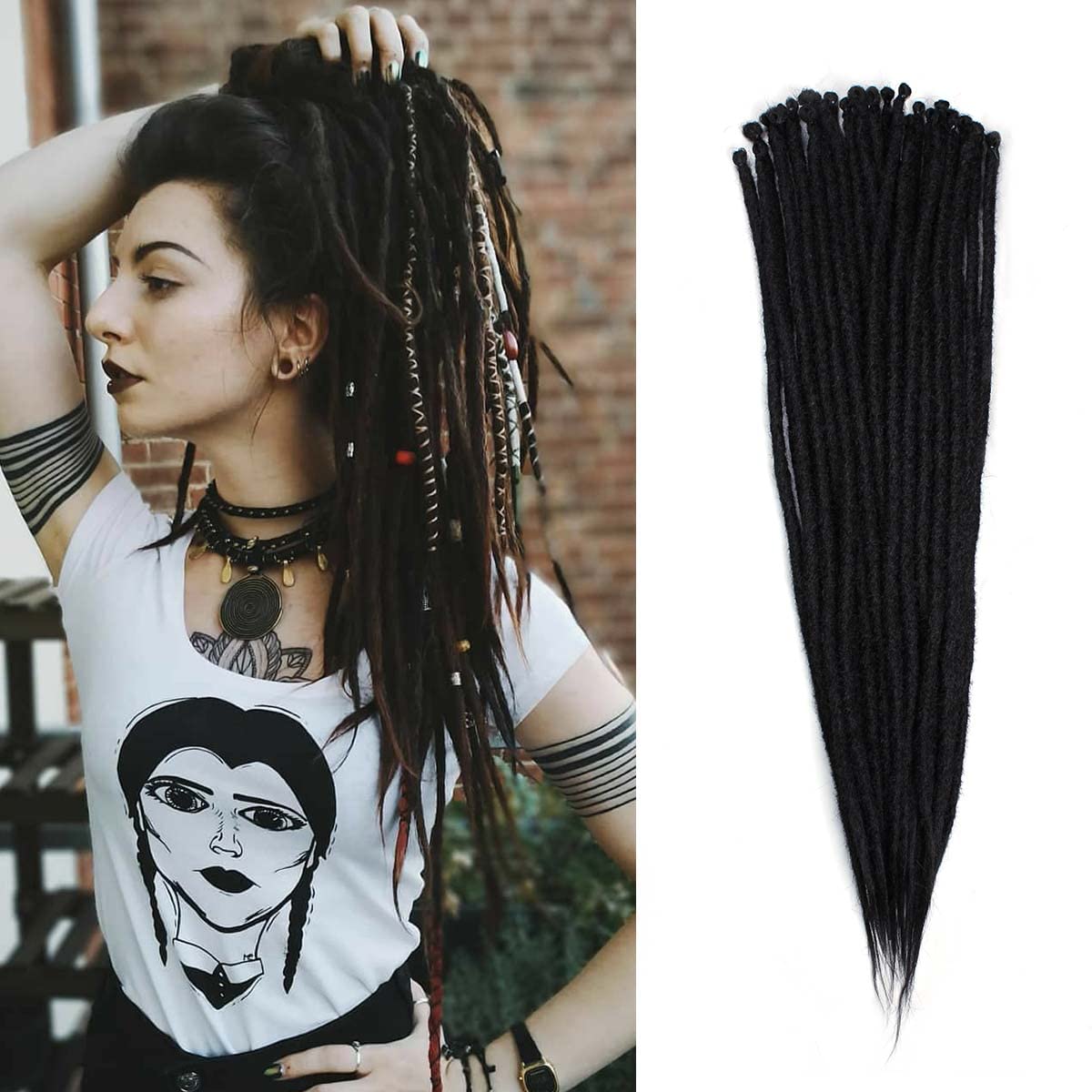 20 pcs Thick Dreadlock Extensions Single Ended, 24 inch 1cm Width Natural Black Handmade Viking Crochet Dreads Extensions, SE Hippie Soft Fake Synthetic Dreadlock Extensions for Women
