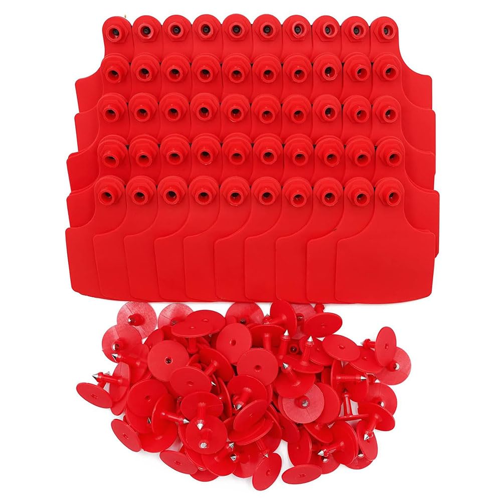 Plastikowe kolczyki dla bydła, wielokolorowe puste zawieszki do uszu dla bydła 6 x 7,5 cm, opakowanie 100 szt. (czerwony, 100 szt.)