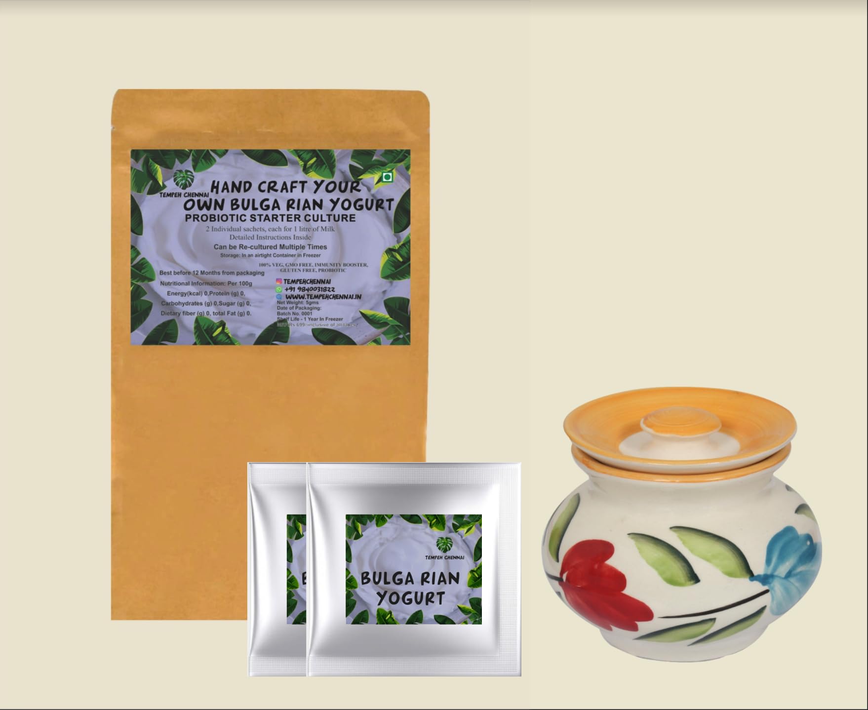 TEMPEHSTATION Bulgarian Starter Culture Kit-Culture&hand painted ceramic Handi Lid Dahi/Curd pot|easy to produce large batches 2 gms each sachet|Heirloom|-Strains L. bulgaricus &Streptococcus thermophilus