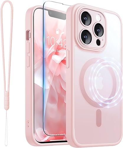 ROYBENS Funda transparente mate para iPhone 14 Pro-Max compatible con Magsafe, protección completa de lente de cámara, protector de pantalla, correa
