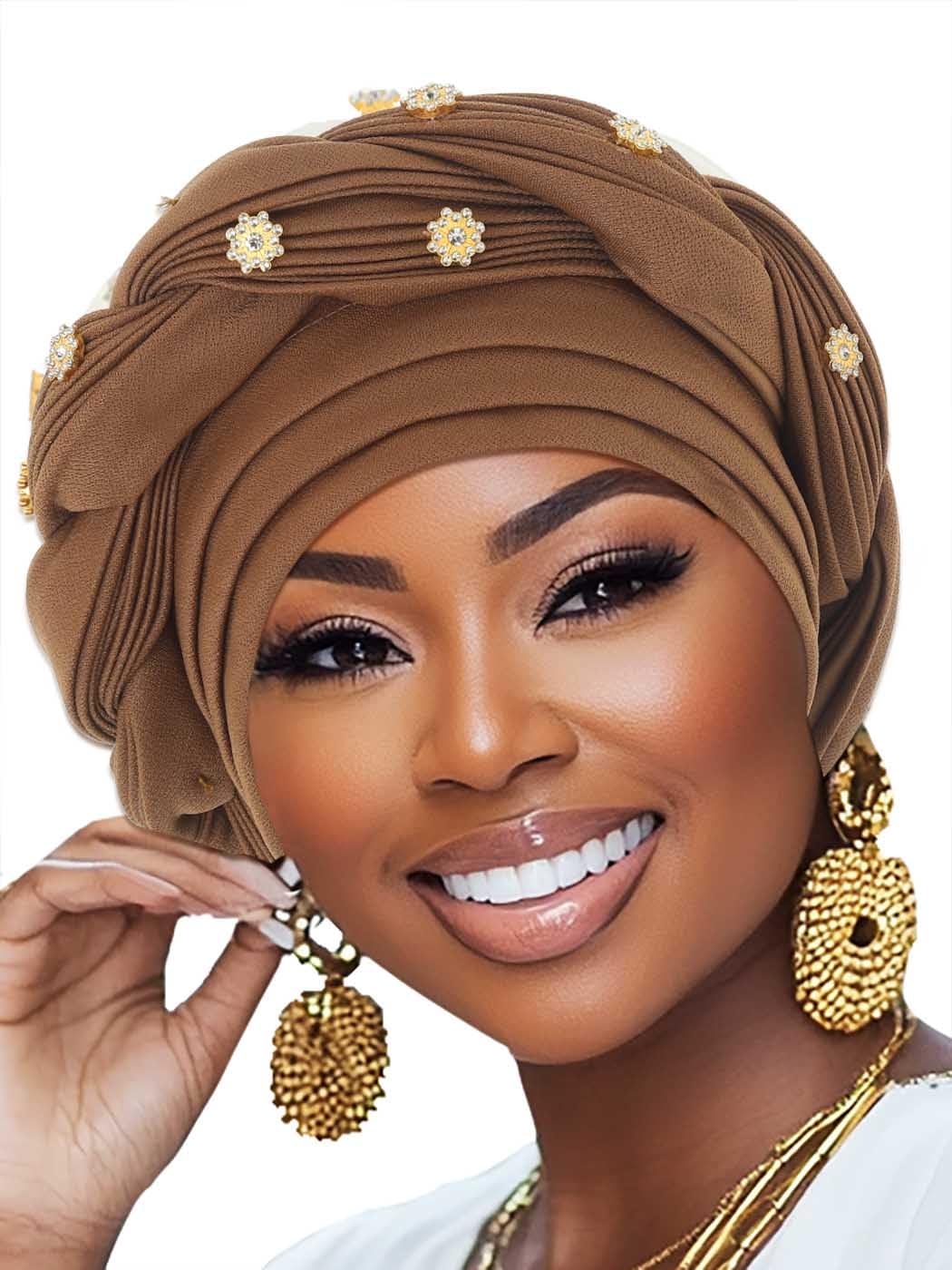 Woeoe Women African Turban Pre-Tied Twisted Beanie Cap Headwear Rhinestone Soft Stretchy Head Turbans, Brown
