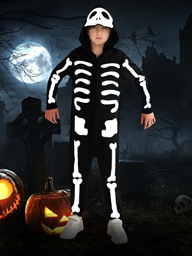 Miniatura 5 de ESHOO Disfraz de esqueleto negro de Halloween para niños y niñas, enterizo con capucha, trajes de cosplay de Halloween, 3t 4t, 5t, 6t, 7t, 8-12t
