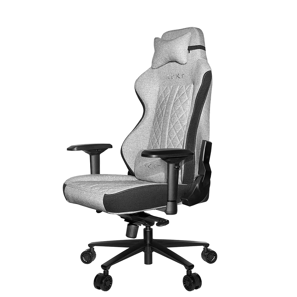 REKT ULTIM8 Plus - Chaise de Bureau Gaming XL Grand Taille en Tissu Premium - Inclinable à 180 ° - Accoudoirs 4D - Coussin Ajustable pour La Nuque - Coussin Lombaire - Supporte 150 Kg (Gris Clair)