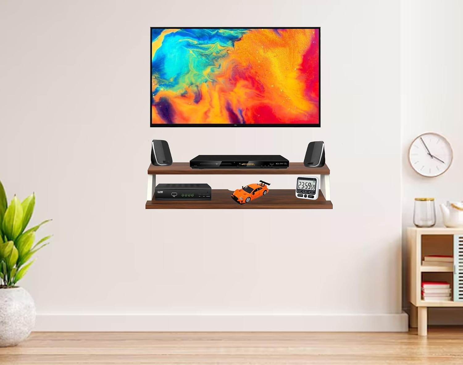 2-Tier Floating Wall Mounted TV Unit, Walnut & White, 60x25x13 cm | MDF, Modern Style, Set-Top Box Storage-image-49