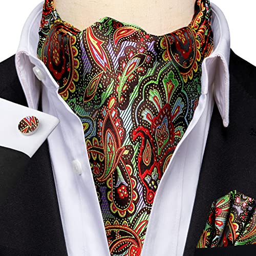 Image of Hi-Tie Silk Ascot for Men Self Tie Men's Cravat and Flower Lapel Pin Handkerchief Cufflinks Set for Wedding Party