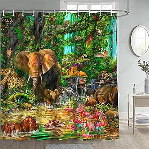 Gdmoon Rainforest Animal Shower Curtain Tropical Jungle Forest Elephant Lion Flamingo Bathroom Curtains Giraffe Zebra Monkey Rhino Wildlife Zoo Bathroom Curtains Set with 12 Hooks 72x72In YLWHGD546 Cover