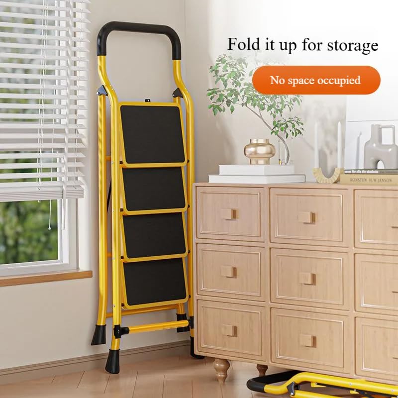 Image of 4 Step Ladder, 4 Step Stool for Adults Folding Step Stool with Handrails, Ladders for Home Kitchen Pantry Office, 500 lb Sturdy Steel Ladder with Anti-Slip Wide Pedal, Yellow