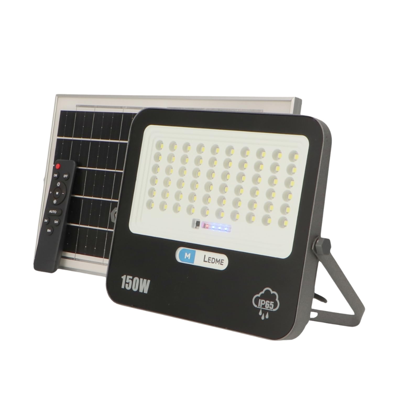M Ledme - Projecteur solaire LED 150W avec télécommande, 2200 lumens, dimmable, IP65, Lumière Froide (6000k), batterie de grande capacité 15.000 mAh. Longueur du câble 2,​10M