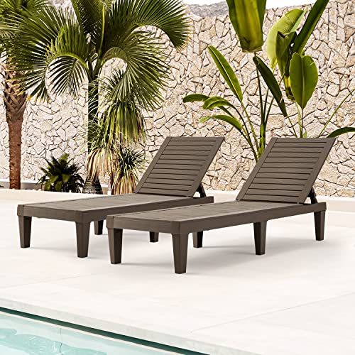 Yoleny 74'' Outdoor Chaise Lounge Chairs, 5 Position Adjustable Patio Loungers With Wood Texture Design, All-Weather Recliner For Patio, Garden, Beach, Poolside, Balcony Set Of 2 #TOP1