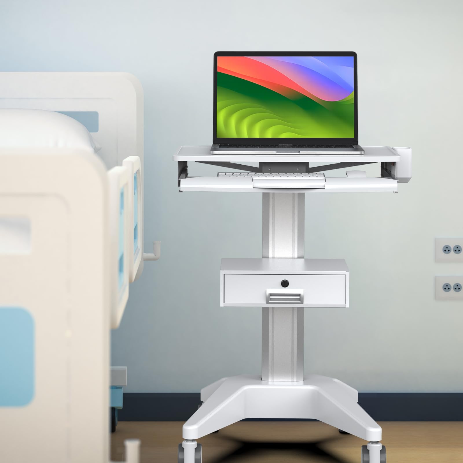 BEWISER Chariot médical mobile pour ordinateur portable avec tiroir Base robuste Chariot d'ordinateur pour clinique dentaire, soins infirmiers, station de travail PC