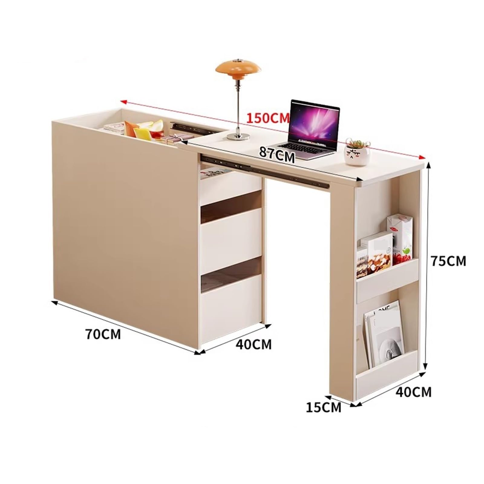 Carrello da cucina Scrivania estensibile for isola da cucina con ripiano nascosto estraibile(White,L)