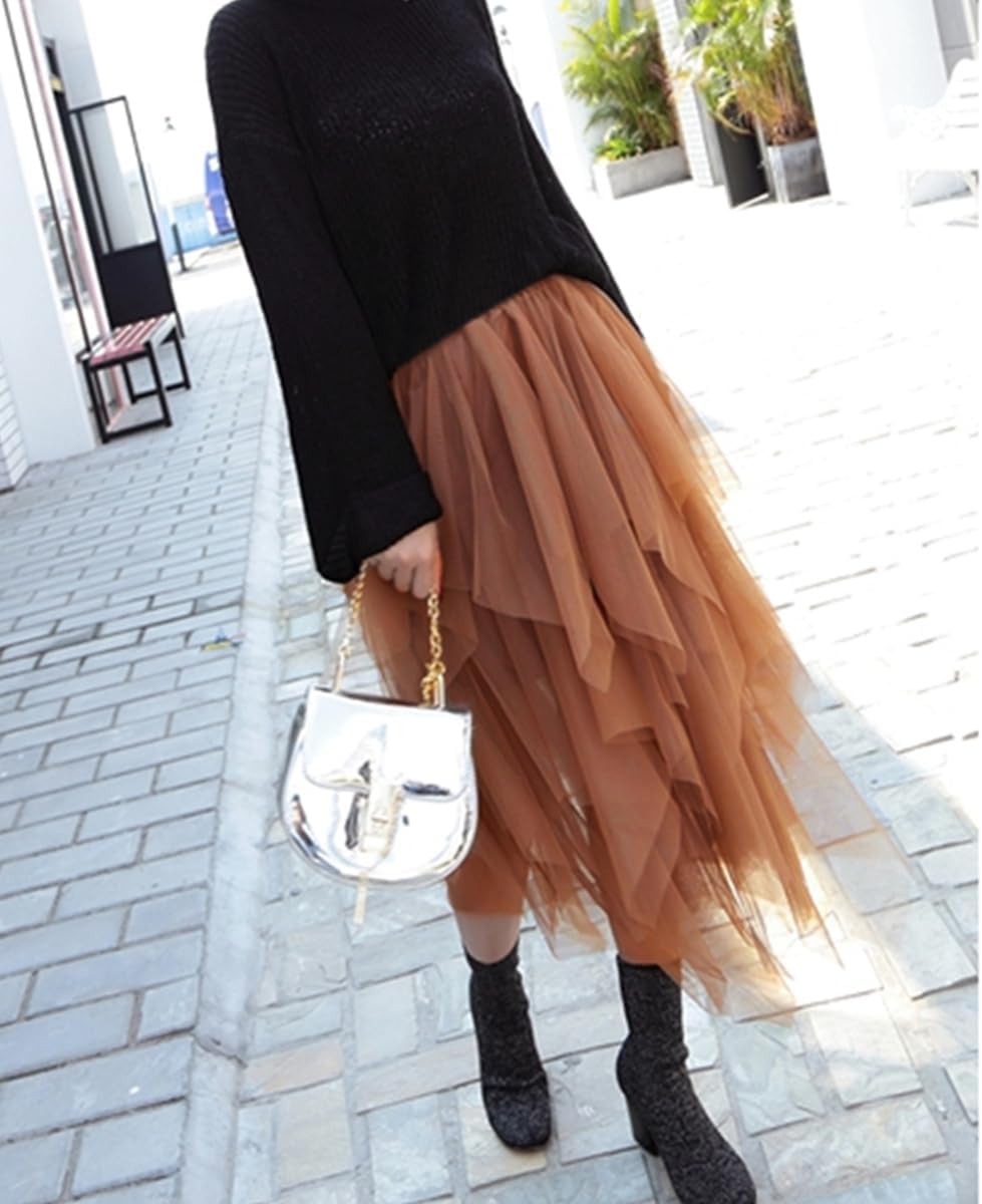 Tulle Skirts for Women Midi Long Fairy Skirt Tutu A-Line Mesh Layered High Elastic Waist Halloween Skirts - Image 3