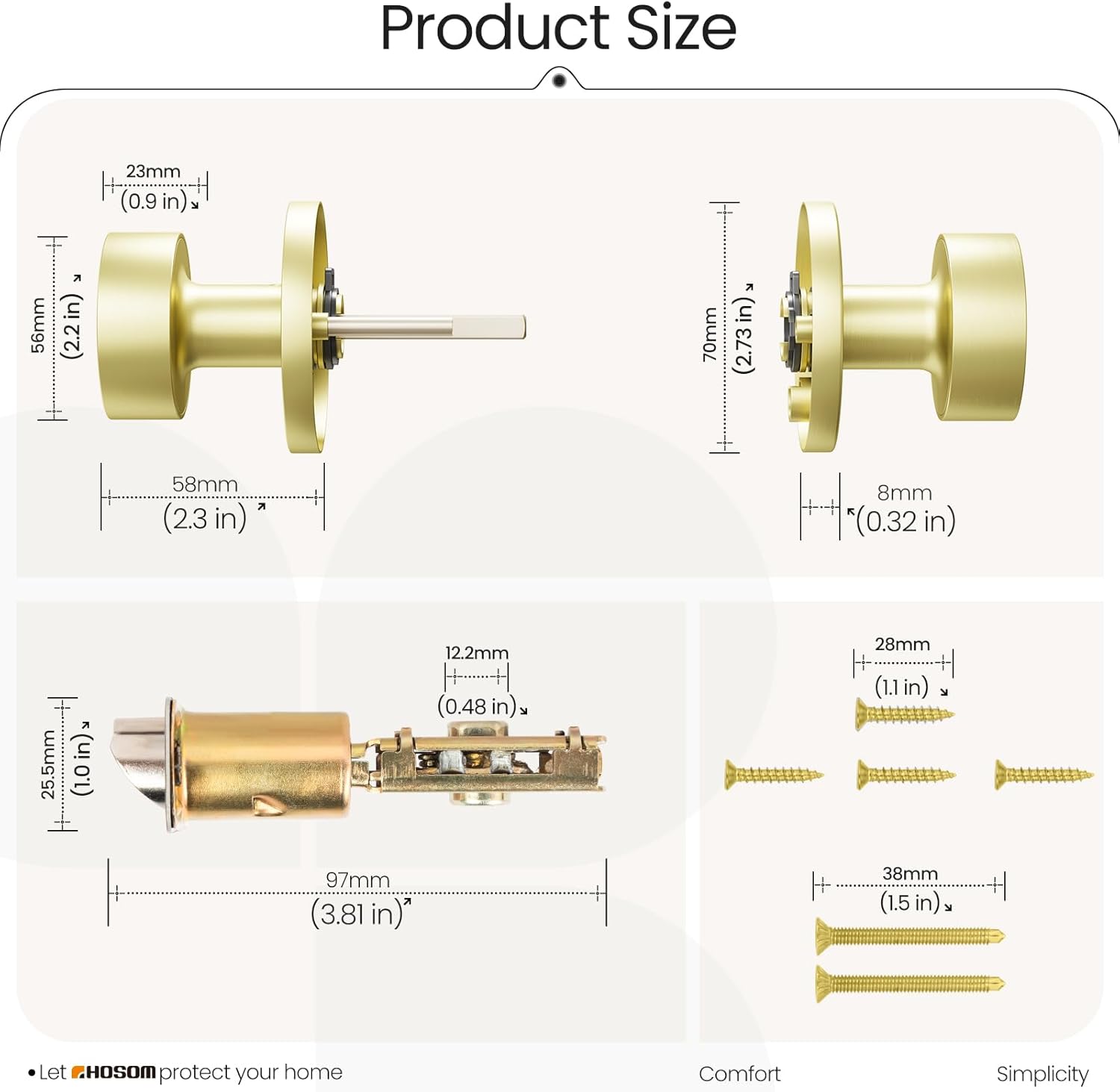 HOSOM Passage Door Knob Interior, Gold Door Knobs Keyless Doorknobs for Interior Doors, Hallway, Closet and More, No Locking Heavy Duty Modern Round Door Handle 1 Pack