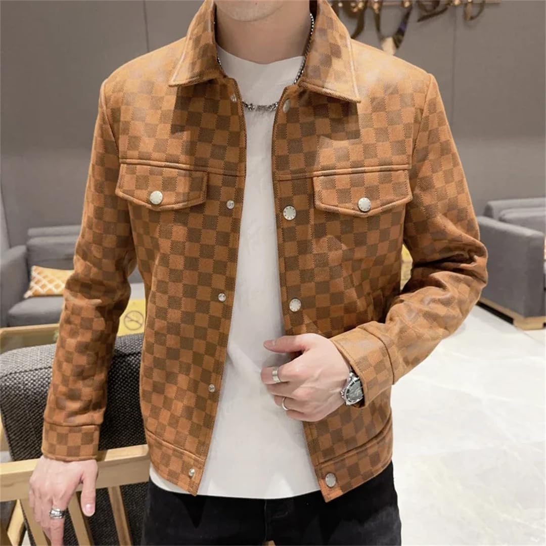 Męska kurtka motocyklowa w stylu vintage w kratę płaszcze biznesowe slim fit skórzana odzież wierzchnia kurtki ze skóry PU