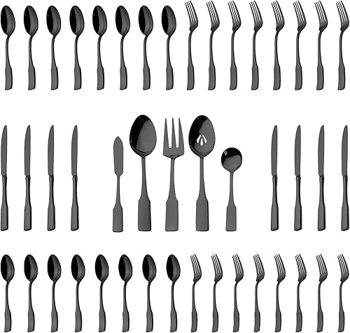 Alata Kate Black Mirror - Cubiertos de 45 piezas con juego de utensilios para servir utensilios, servicio para 8, cubiertos de acero inoxidable,